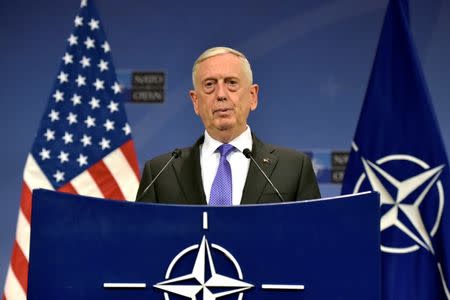 FILE PHOTO: U.S. Secretary of Defence Jim Mattis gives a news conference after a NATO defence ministers meeting at the Alliance headquarters in Brussels, Belgium June 29, 2017. REUTERS/Eric Vidal/File Photo