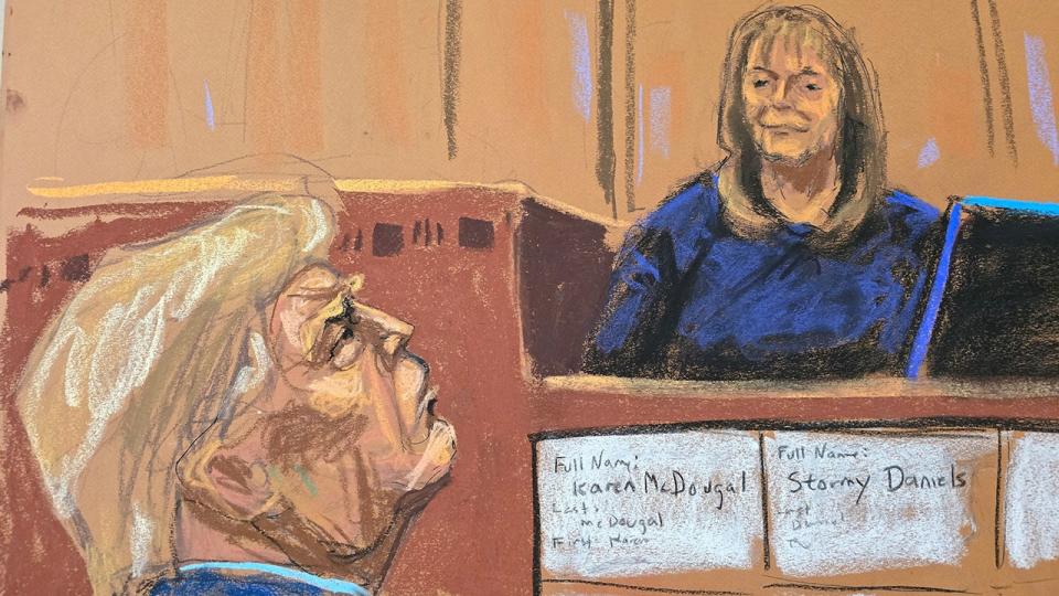 Rhona Graff on witness stand in courtroom sketch