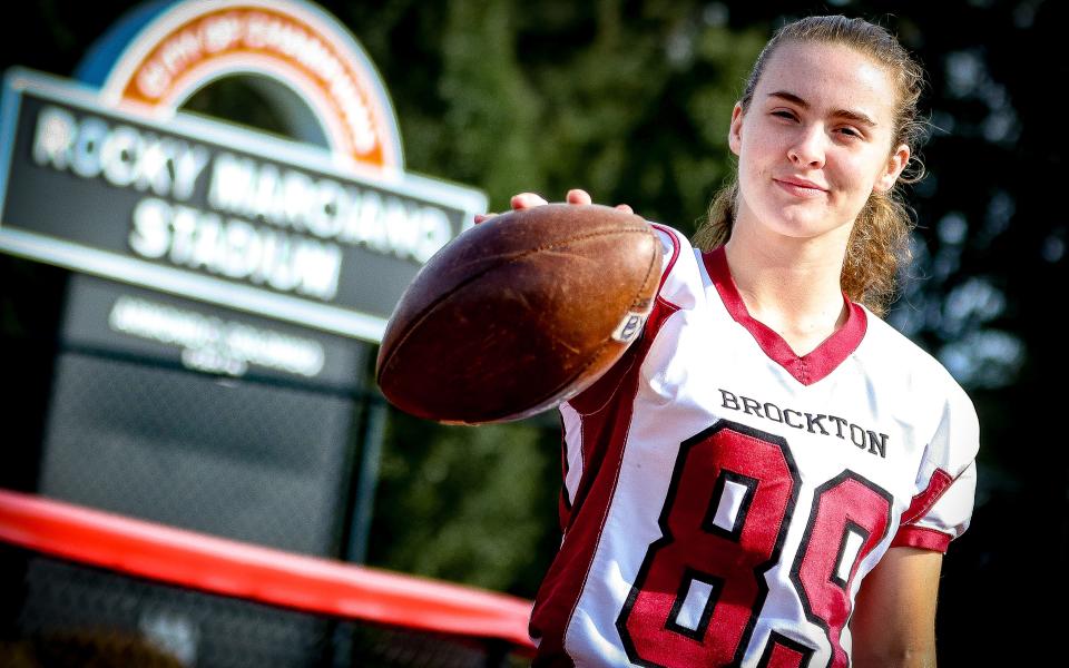 Brockton's McKenzie Quinn became the first female player in program history to score a touchdown.