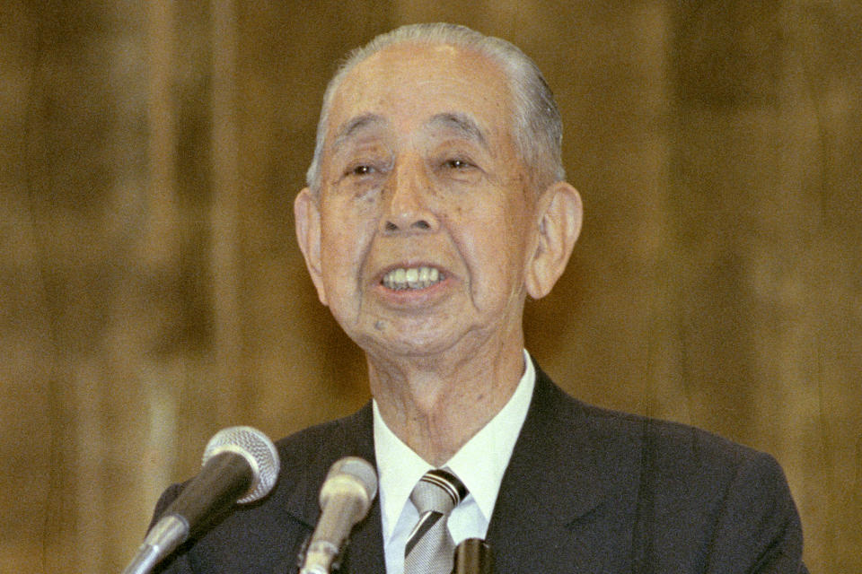 Japan's former Prime Minister Nobusuke Kishi, grandfather of former Prime Minister Shinzo Abe, speaks in a meeting in Tokyo, May 3, 1984. The Abe's assassination has revealed long-suspected, little-talked-of links between him and the Unification Church. (Kyodo News via AP)