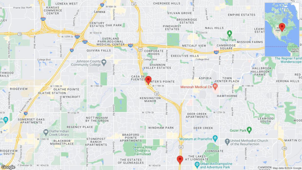 A detailed map that shows the affected road due to 'Lane on US-69 closed in Overland Park' on July 18th at 11:25 p.m.