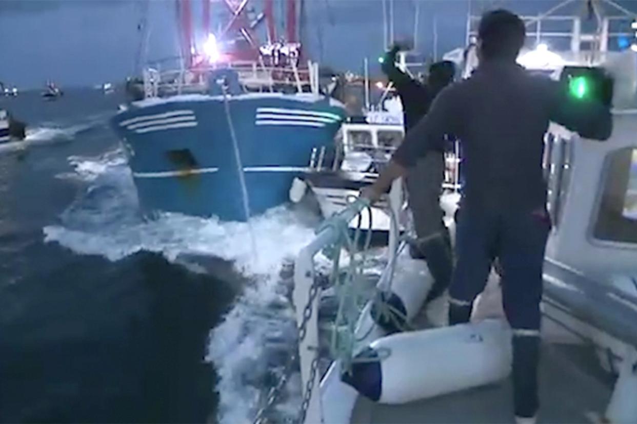 French and British fleets clash in the scallop wars earlier this year: VIDEO GRAB