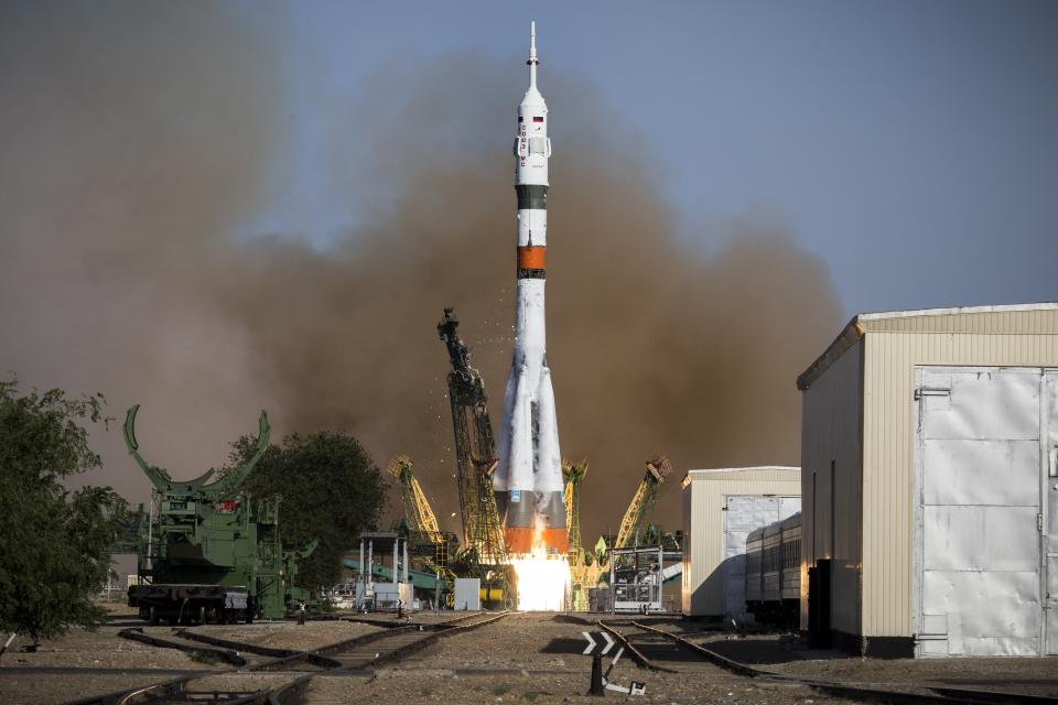 In this photo taken on Thursday, Aug. 22, 2019, and distributed by Roscosmos Space Agency Press Service, the Russian Progress 73 cargo ship blasts off from the launch pad at Russia's space facility in Baikonur, Kazakhstan. The new Russian rocket, that is expected to replace the current model sending manned missions into space, blasted off from Kazakhstan on Thursday, carrying a Soyuz capsule with a humanoid robot. (Roscosmos Space Agency Press Service photo via AP)