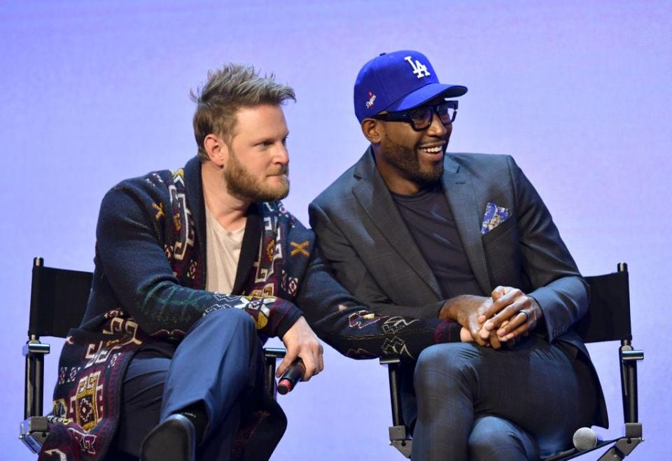 Bobby Berk and Karamo Brown speak onstage during the Netflix FYSEE "Queer Eye" panel and reception at Raleigh Studios on May 16, 2019 in Los Angeles, California.