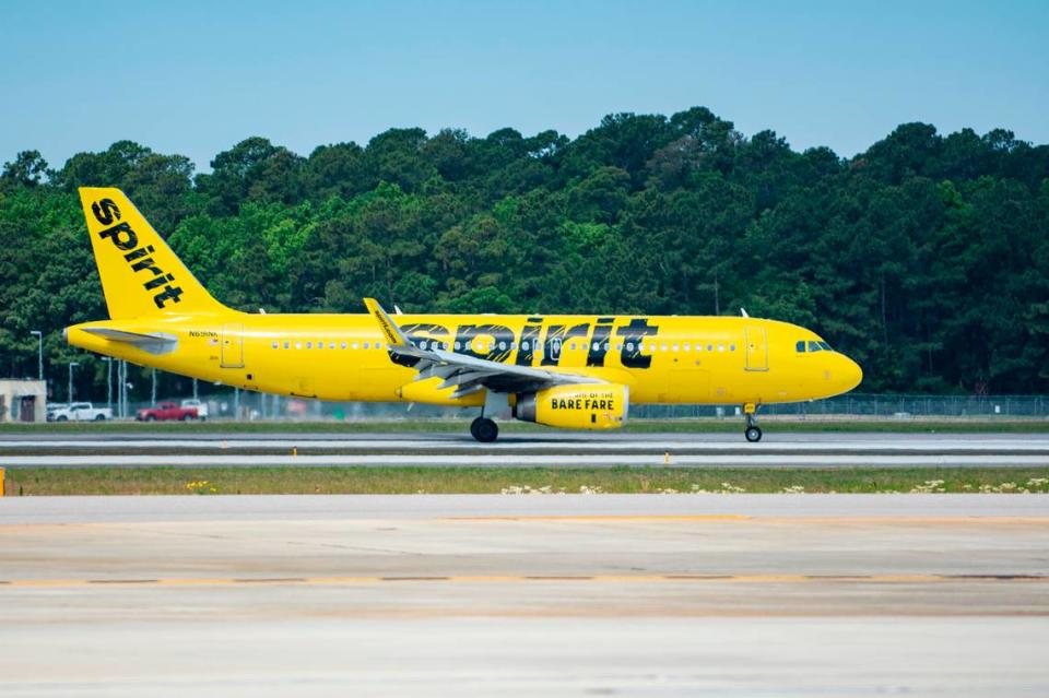 A Spirit Airlines plane lands at Myrtle Beach International Airport on May 23, 2021. The low-cost carrier has vastly expanded the number of flights to the Grand Strand as leisure travel becomes more popular as the pandemic wanes.