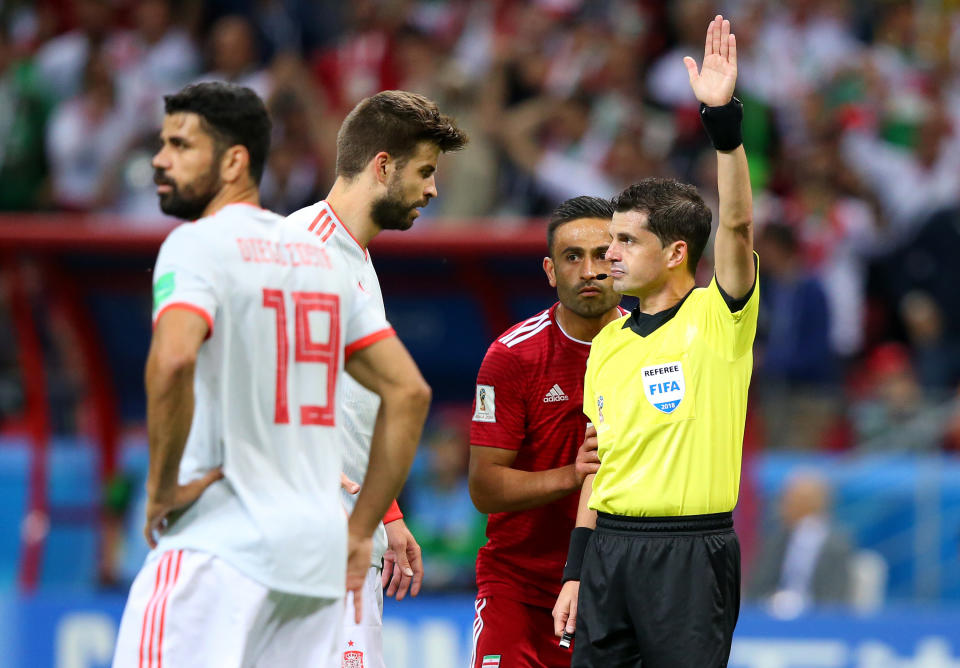 Referee Andres Cunha disallows Iran’s first goal during the 2018 FIFA World Cup Russia group B match between Iran and Spain at Kazan Arena on June 20, 2018 in Kazan, Russia. (Getty Images)