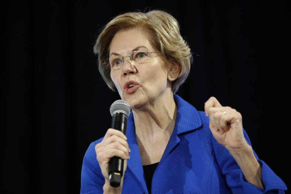 Democratic presidential candidate Sen. Elizabeth Warren, D-Mass., speaks at the Iowa State Education Association Candidate Forum, Saturday, Jan. 18, 2020, in West Des Moines, Iowa. (AP Photo/Patrick Semansky)