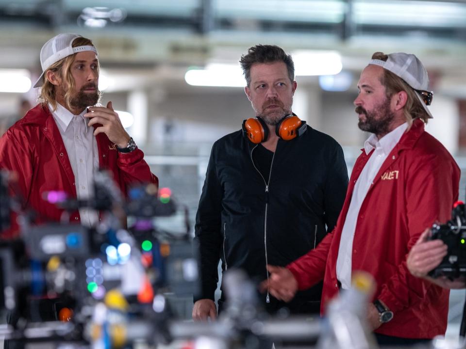 Ryan Gosling, director David Leitch and Logan Holladay on the set of "The Fall Guy."