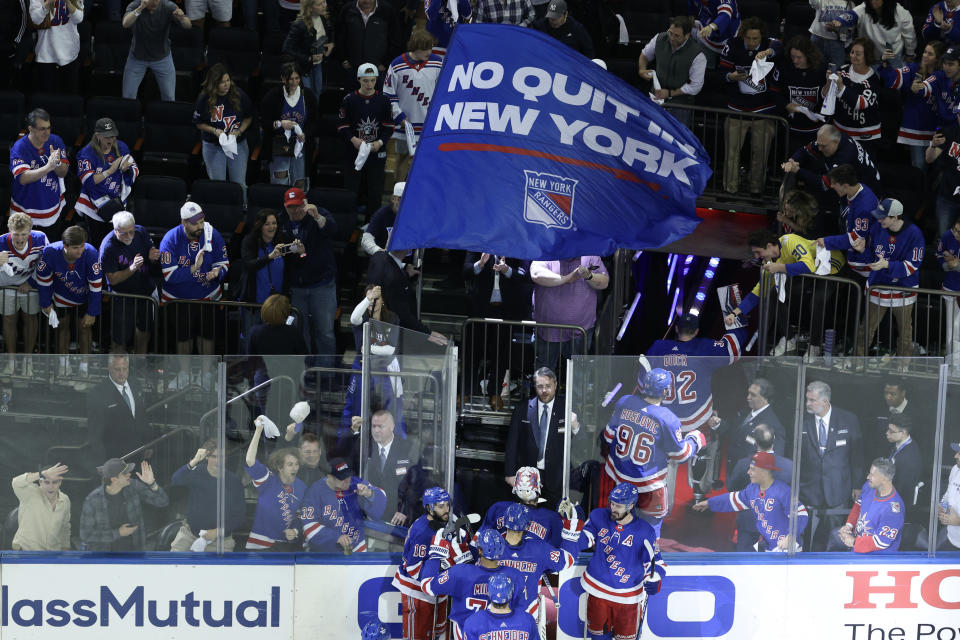 NEW YORK, NY - MAY 24: New York Rangers fans celebrate after overtime victory against the Florida Panthers in Game Two of the Eastern Conference Final of the 2024 Stanley Cup Playoffs at Madison Square Garden on May 24, 2024 in New York City .  (Photo by Elsa/Getty Images)