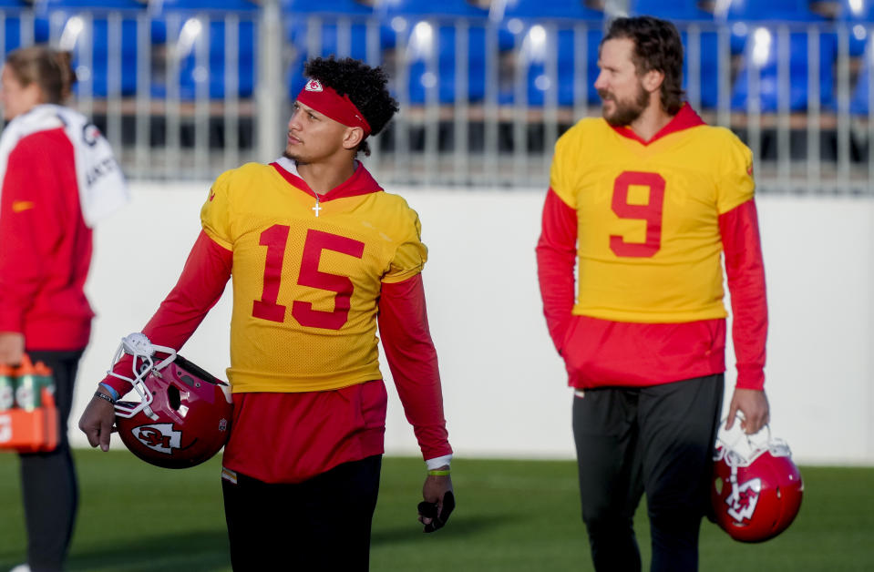 Kansas City Chiefs quarterback Patrick Mahomes, left, attends a practice session in Frankfurt, Germany, Friday, Nov. 3, 2023. The Kansas City Chiefs are set to play the Miami Dolphins in a NFL game in Frankfurt on Sunday Nov. 5, 2023. (AP Photo/Michael Probst)