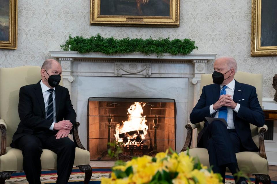 President Joe Biden meets with German Chancellor Olaf Scholz in the Oval Office of the White House Feb. 7 in Washington.