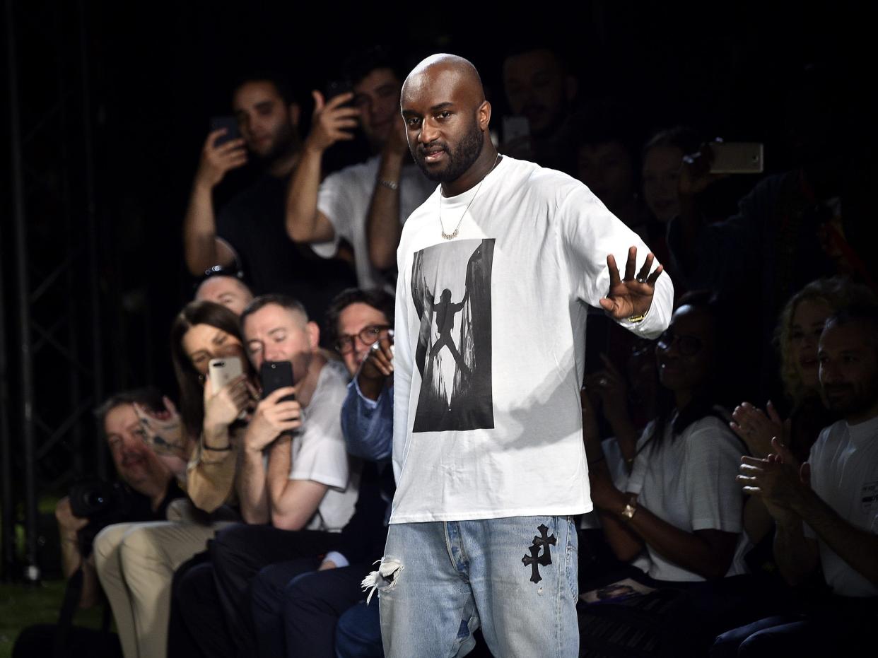 Creative Director Virgil Abloh acknowledges the audience during the Off-White Menswear Spring/Summer 2019 show as part of Paris Fashion Week on June 20, 2018 in Paris, France.