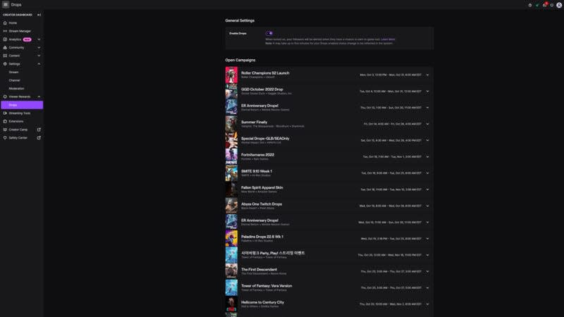 A screenshot of a Twitch menu shows drops enabled.