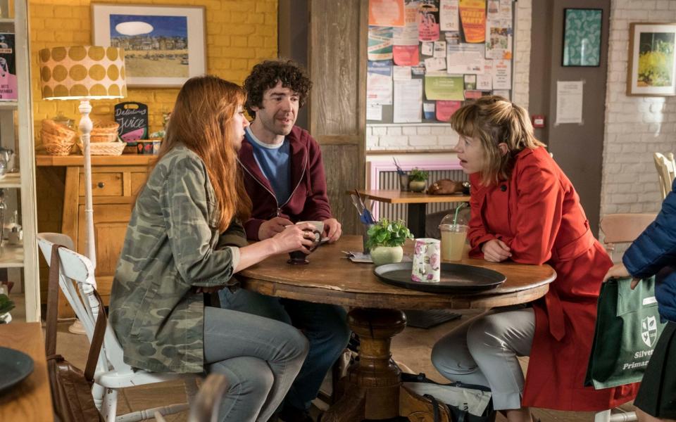 Anna Maxwell Martin (right) as Julia in Motherland, with Liz (Diane Morgan) and Kevin (Paul Ready) - Colin Hutton