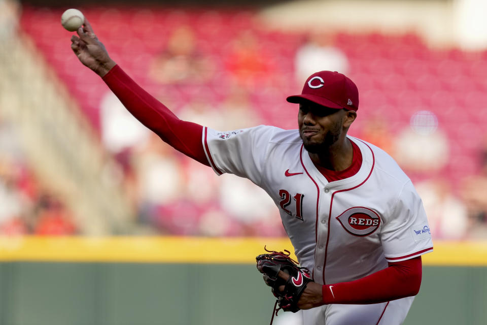 Cincinnati Reds starting pitcher Hunter Greene throws in the first inning of a baseball game against the Philadelphia Phillies, Monday, April 22, 2024, in Cincinnati. (AP Photo/Carolyn Kaster)