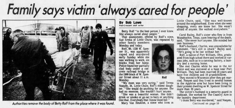 A scan of the Nov. 8, 1988 edition of the Post-Crescent detailing the discovery of Betty Rolf's body on Nov. 7 that year.