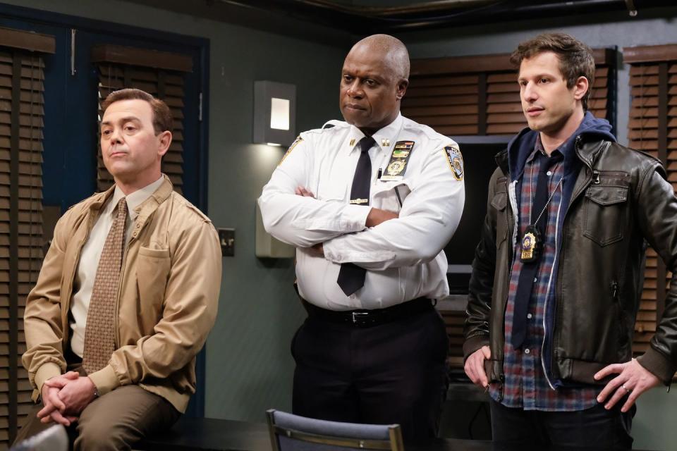 jo lo truglio as charles boyle, andre braugher as captain holt, andy samberg as jake peralta in a scene from brooklyn nine nine season 6