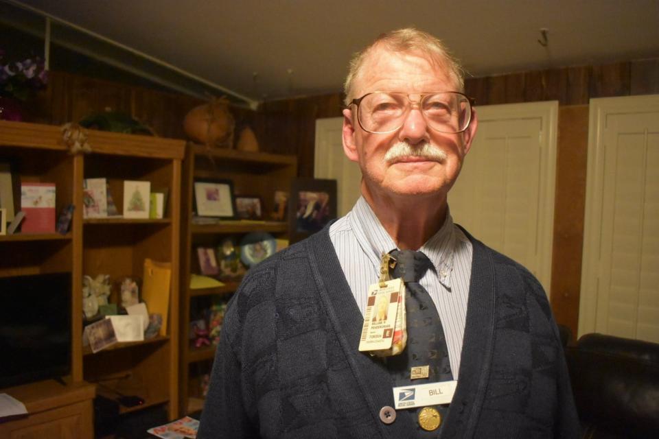 Bill Pendergrass has worked for the postal system for 55 years, most of it stationed at a service window in downtown Ventura. Here, he's shown at home.