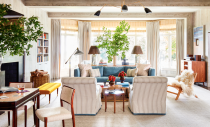 <p>For a cohesive look, match the pattern of your curtains to some of the furniture and accessories in your living room. In <a href="https://www.housebeautiful.com/design-inspiration/house-tours/a38244567/ashley-whittaker-millbrook-well-loved-house/" rel="nofollow noopener" target="_blank" data-ylk="slk:this space" class="link ">this space</a> designed by <a href="https://www.ashleywhittakerdesign.com/" rel="nofollow noopener" target="_blank" data-ylk="slk:Ashley Whittaker" class="link ">Ashley Whittaker</a>, thin striped curtains complement striped chairs and throw pillows with a similar line design and color combo.</p>
