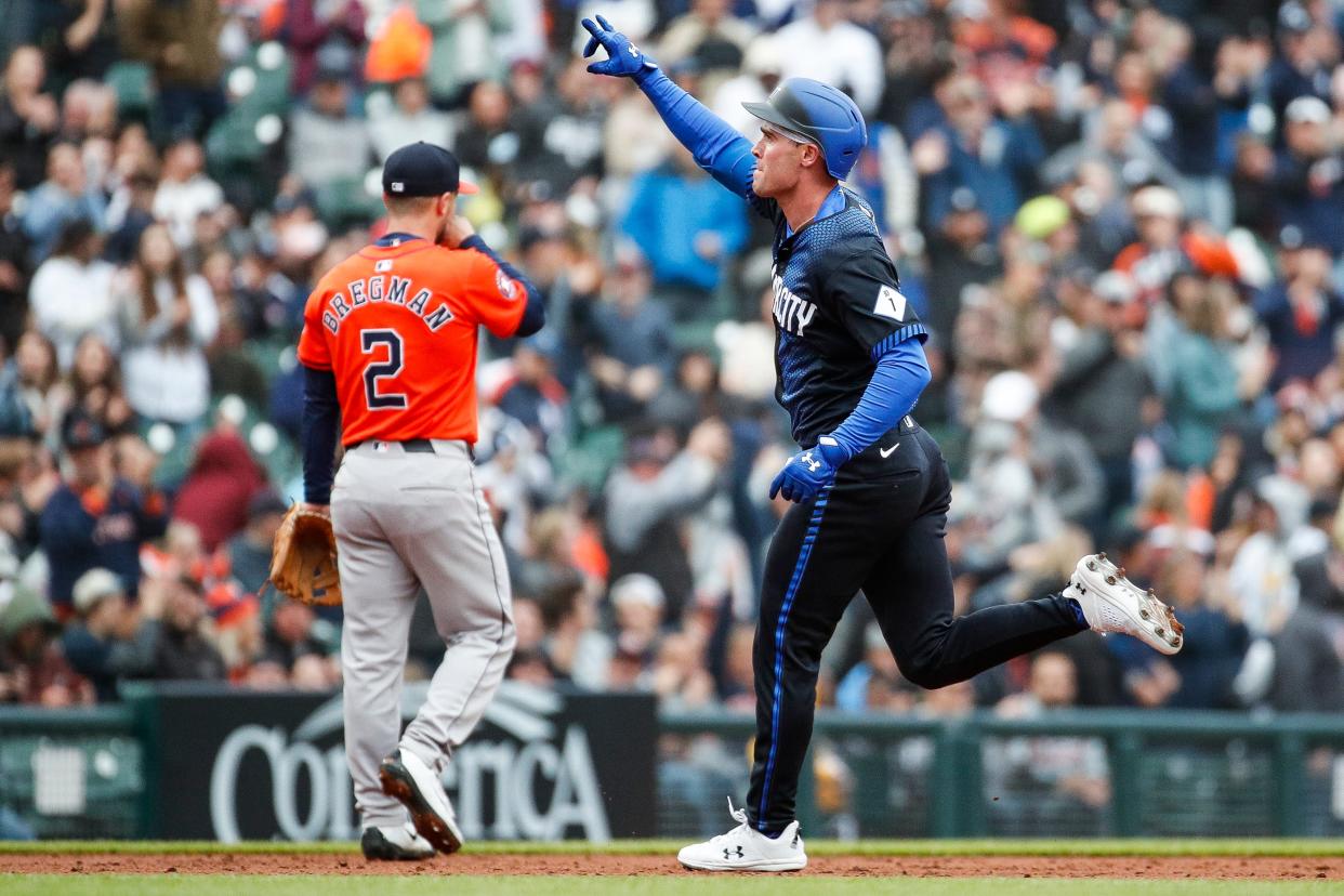 Detroit Tigers designated hitter Kerry Carpenter (30) celebrates after hitting a 2-run home run against the Houston Astros during the second inning at Comerica Park in Detroit on Saturday, May 11, 2024.