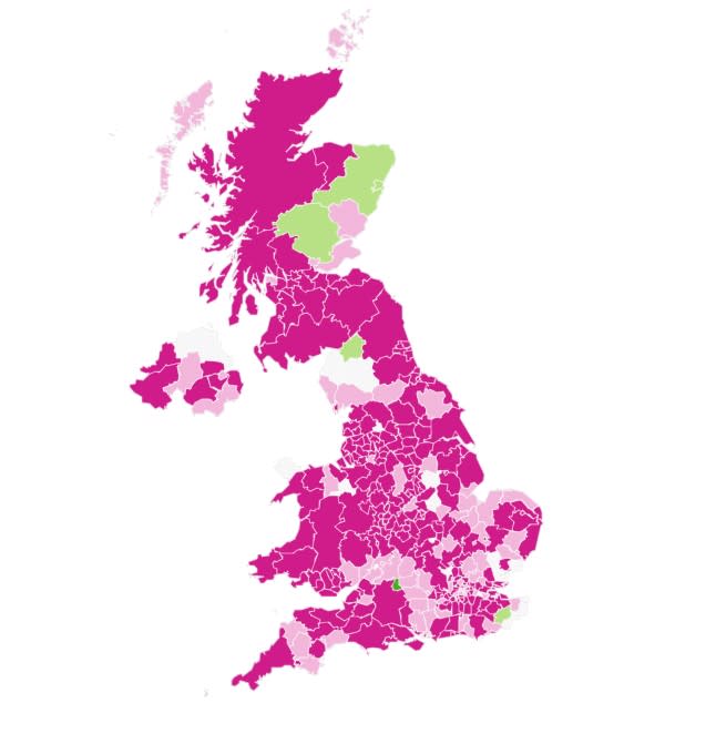 Areas in dark purple mean the team please coronavirus cases are increasing in the local authority; areas in light purple means an increase is likely; areas in white means it's too hard to tell; areas in light green means cases are likely decreasing and; the single area in dark Green, Swindon, means cases are definitely decreasing. (Imperial College London)