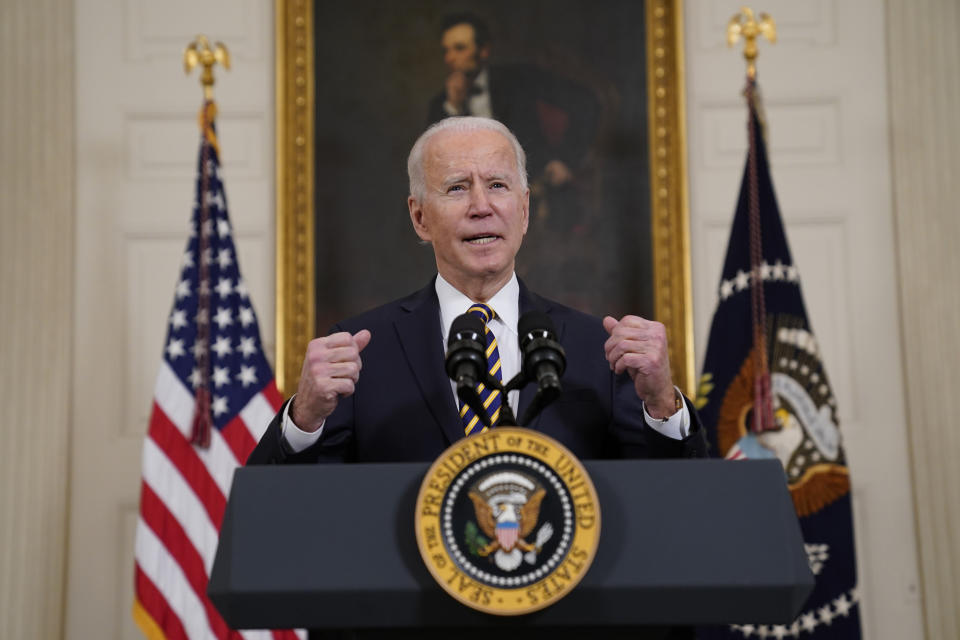 President Joe Biden speaks on U.S. supply chains, in the State Dining Room of the White House, Wednesday, Feb. 24, 2021, in Washington. (AP Photo/Evan Vucci)