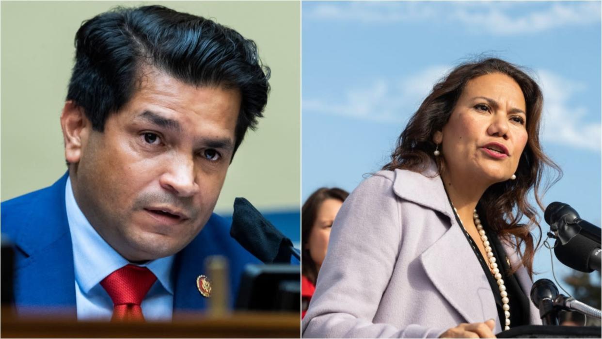 Reps. Jimmy Gomez (D-Calif.), left, and Veronica Escobar (D-Texas) used a video call with Democratic donors to ask for help against progressive primary challengers. (Photo: Getty Images)