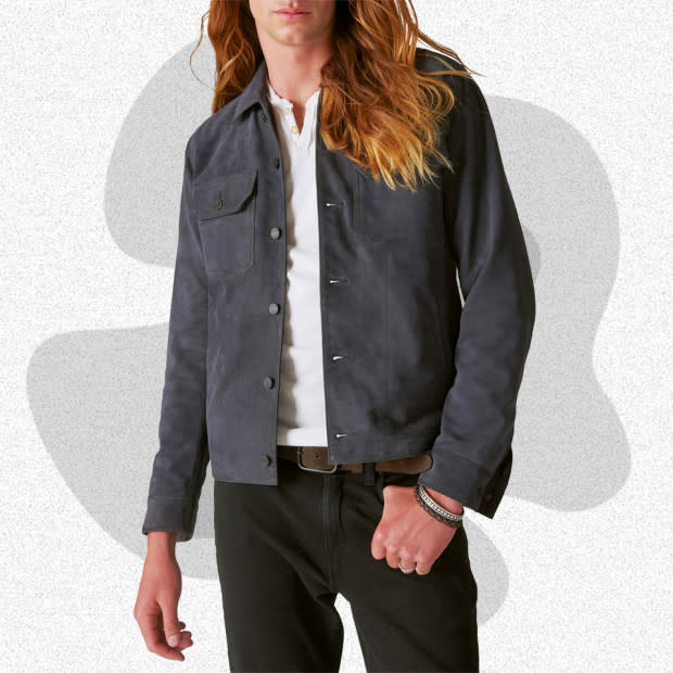 <p>Courtesy of Nordstrom</p><p>Lucky indeed. This suede goat leather jacket has a great fit, classic styling, and comes in at a modest price. It features trucker the perineal trucker jacket silhouette, a cropped blouson fit, metal buttons, and flap pockets on the chest. The jacket’s muted gray color gives it a modern edge, while the simple styling makes it easy to dress up or down.</p><p>[$499; <a href="https://click.linksynergy.com/deeplink?id=b8woVWHCa*0&mid=1237&u1=mj-bestleatherjackets-jzavaleta-080423-update&murl=https%3A%2F%2Fwww.nordstrom.com%2Fs%2Fsuede-military-shirt-jacket%2F7489182" rel="nofollow noopener" target="_blank" data-ylk="slk:nordstrom.com;elm:context_link;itc:0;sec:content-canvas" class="link ">nordstrom.com</a>]</p>