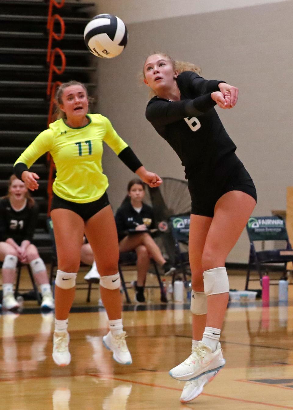 Benton Central outside hitter Sienna Foster (6) hits the ball during the IHSAA volleyball match against Harrison, Tuesday, Aug. 16, 2022, at Harrison High School in West Lafayette, Ind.