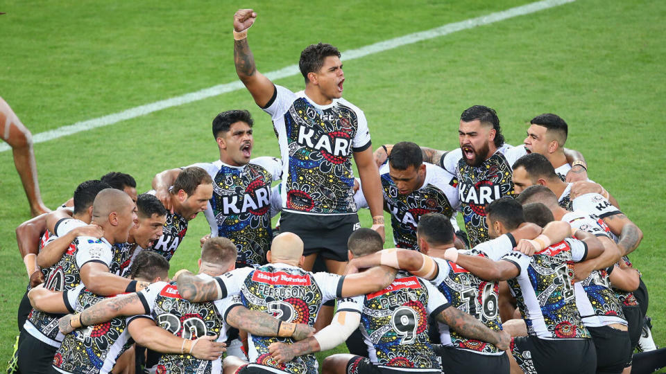 Latrell Mitchell led the Indigenous war cry at the All Stars game in February. Pic: Getty