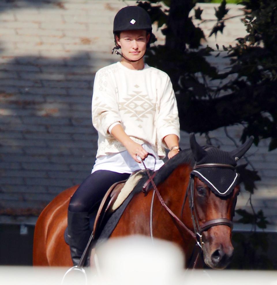 <p>Olivia Wilde goes horseback riding on Sunday in Thousand Oaks, California. </p>