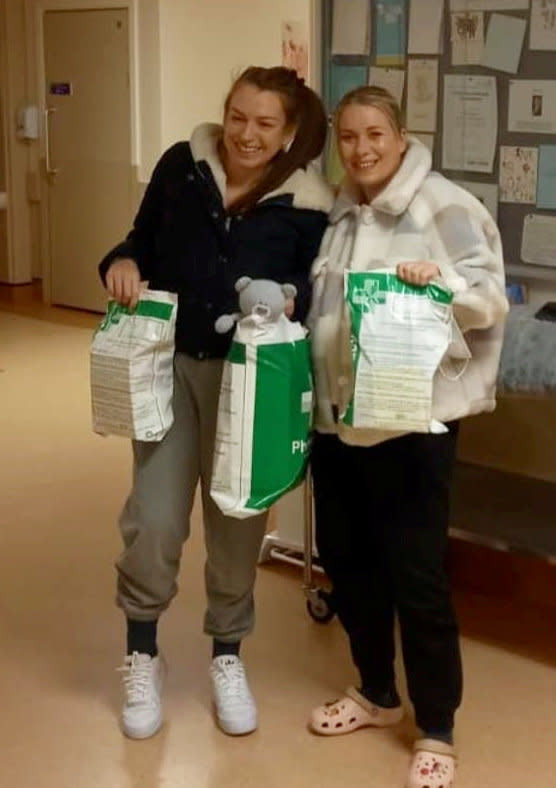 Ann Gath (left) and Nicola Hinds (right) being discharged from hospital together with their medication. (Ann Gath/SWNS)