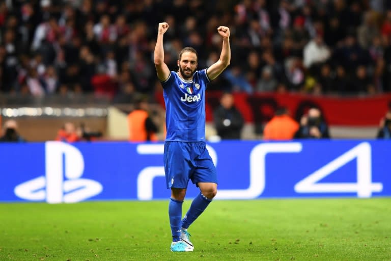 Juventus' forward Gonzalo Higuain reacts after scoring his second goal against Monaco on May 3, 2017