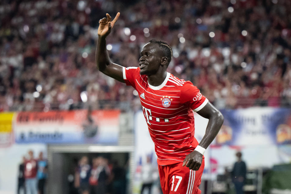 LEIPZIG, GERMANY - JULY 30: Sadio Mane (L) of Bayern celebrates an offside goal during the Supercup 2022 match between RB Leipzig and FC Bayern München at Red Bull Arena on July 30, 2022 in Leipzig, Germany. (Photo by Marvin Ibo Guengoer - GES Sportfoto/Getty Images)