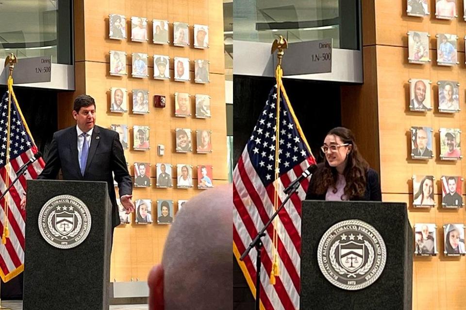 The Faces of Gun Violence photo art exhibit ATF headquarters Gun Violence Survivors summit Steven Dettelbach director Mia Tretta teenage gunshot survivor podium speech