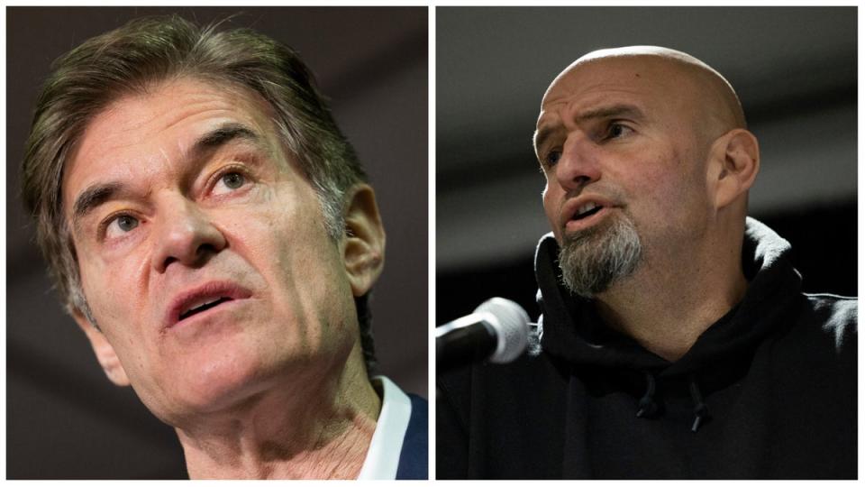 Mehmet Oz, left, is facing off against Lt Governor John Fetterman for one of Pennsylvania’s Senate seats (AP)