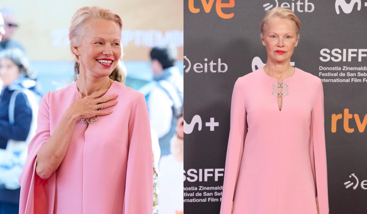 Pamela Anderson blushes in an Elie Saab gown and cape at the premiere of “The Last Showgirl” during the 2024 San Sebastian Film Festival