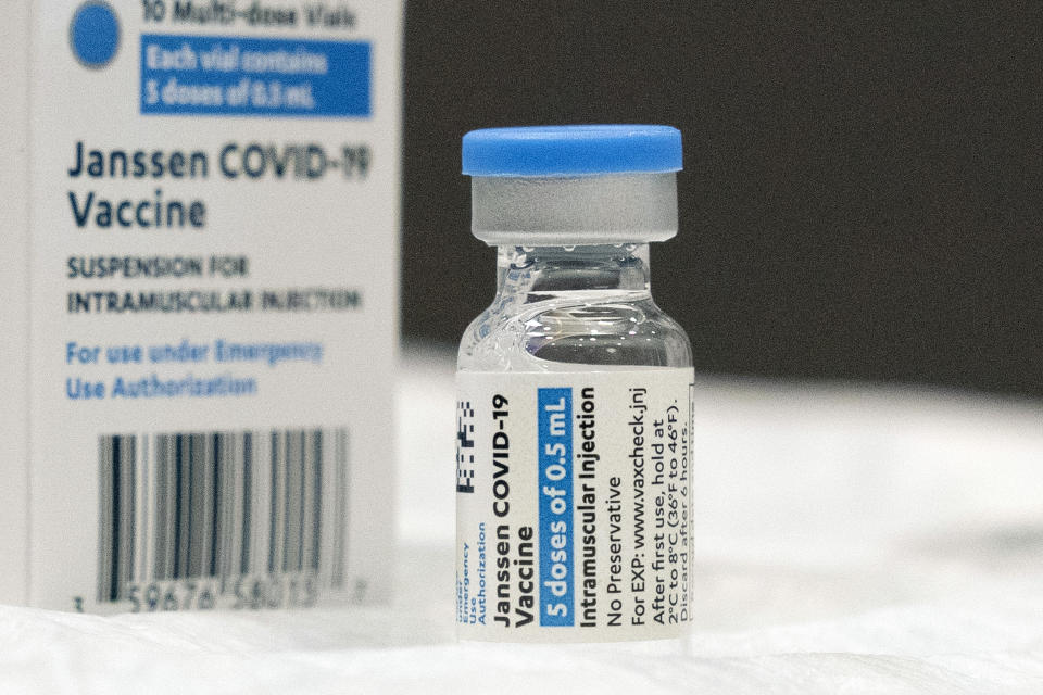 FILE - This March 3, 2021 file photo shows a vial of the Johnson & Johnson COVID-19 vaccine at a hospital in Bay Shore, N.Y. U.S. regulators expect to rule Wednesday, Oct. 20, 2021 on authorizing booster doses of the Moderna and Johnson & Johnson COVID-19 vaccines, a Food and Drug Administration official said at a government meeting. (AP Photo/Mark Lennihan, File)