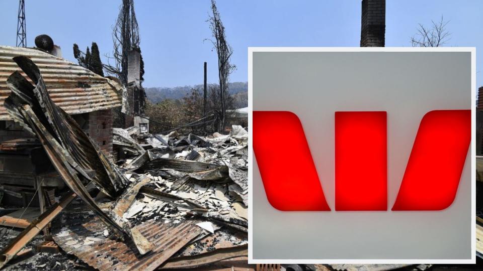 Pictured: Home destroyed by Australian bushfires, Westpac logo. Images: Getty