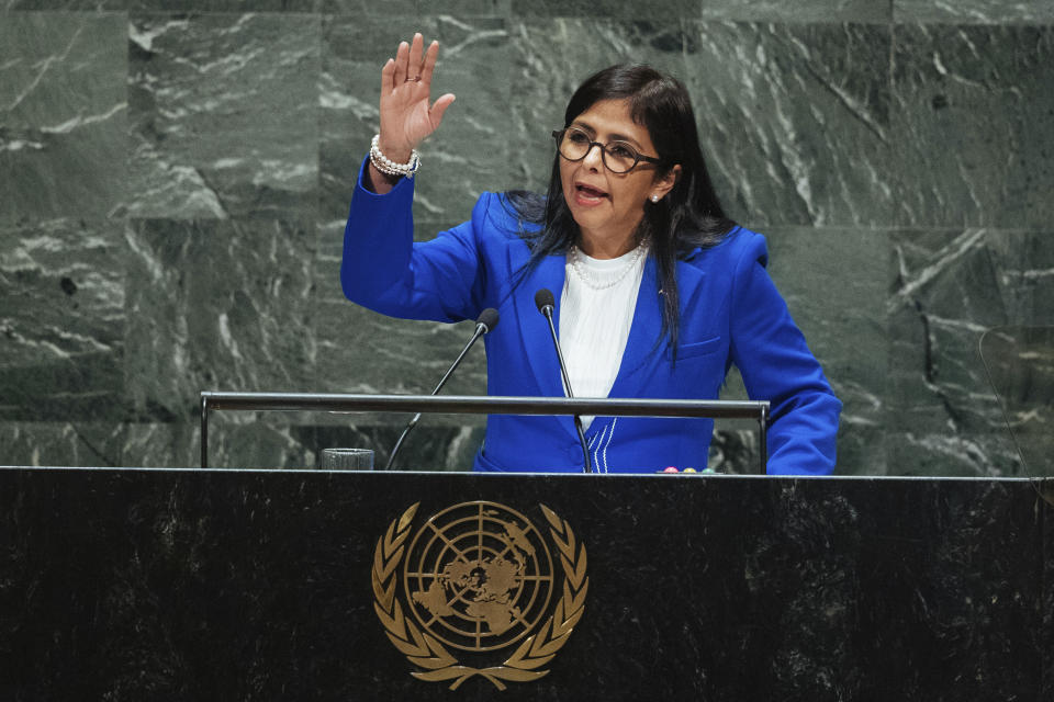 Venezuela's Vice President Delcy Rodríguez addresses the 74th session of the United Nations General Assembly at U.N. headquarters Friday, Sept. 27, 2019. (AP Photo/Kevin Hagen)