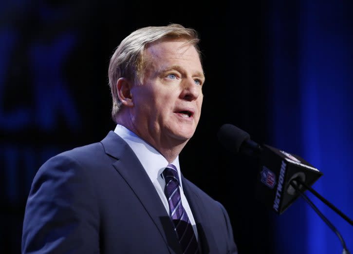 Apr 28, 2016; Chicago, IL, USA; NFL commissioner Roger Goodell announces a pick in the first round of the 2016 NFL Draft at Auditorium Theatre. Mandatory Credit: Kamil Krzaczynski-USA TODAY Sports