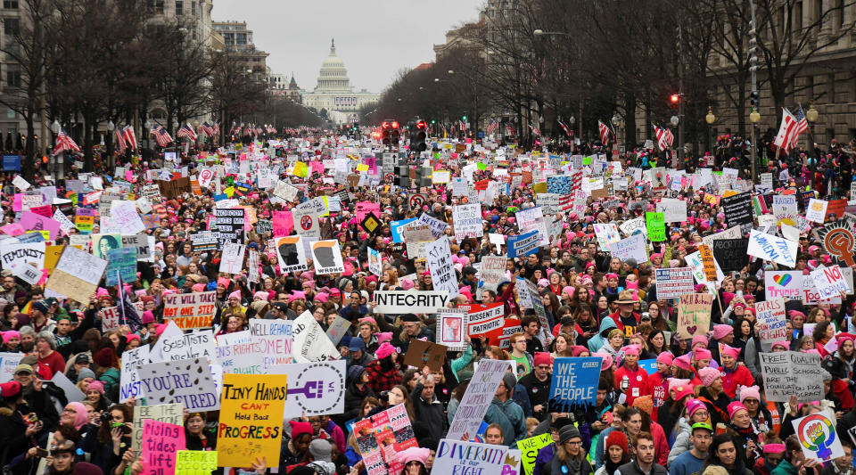 Hundreds of thousands march down Pennsylvania Avenue during the Women's March on Washington.