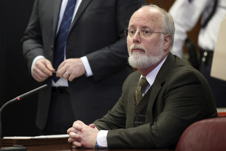 FILE - Robert Hadden appears in Manhattan Supreme Court, Feb. 23, 2016, in New York. A federal judge has given a 20-year sentence to the gynecologist who sexually abused dozens of patients for over two decades at prestigious New York hospitals. The judge says Hadden's crimes were shocking and unprecedented. (Alec Tabak via AP, File)