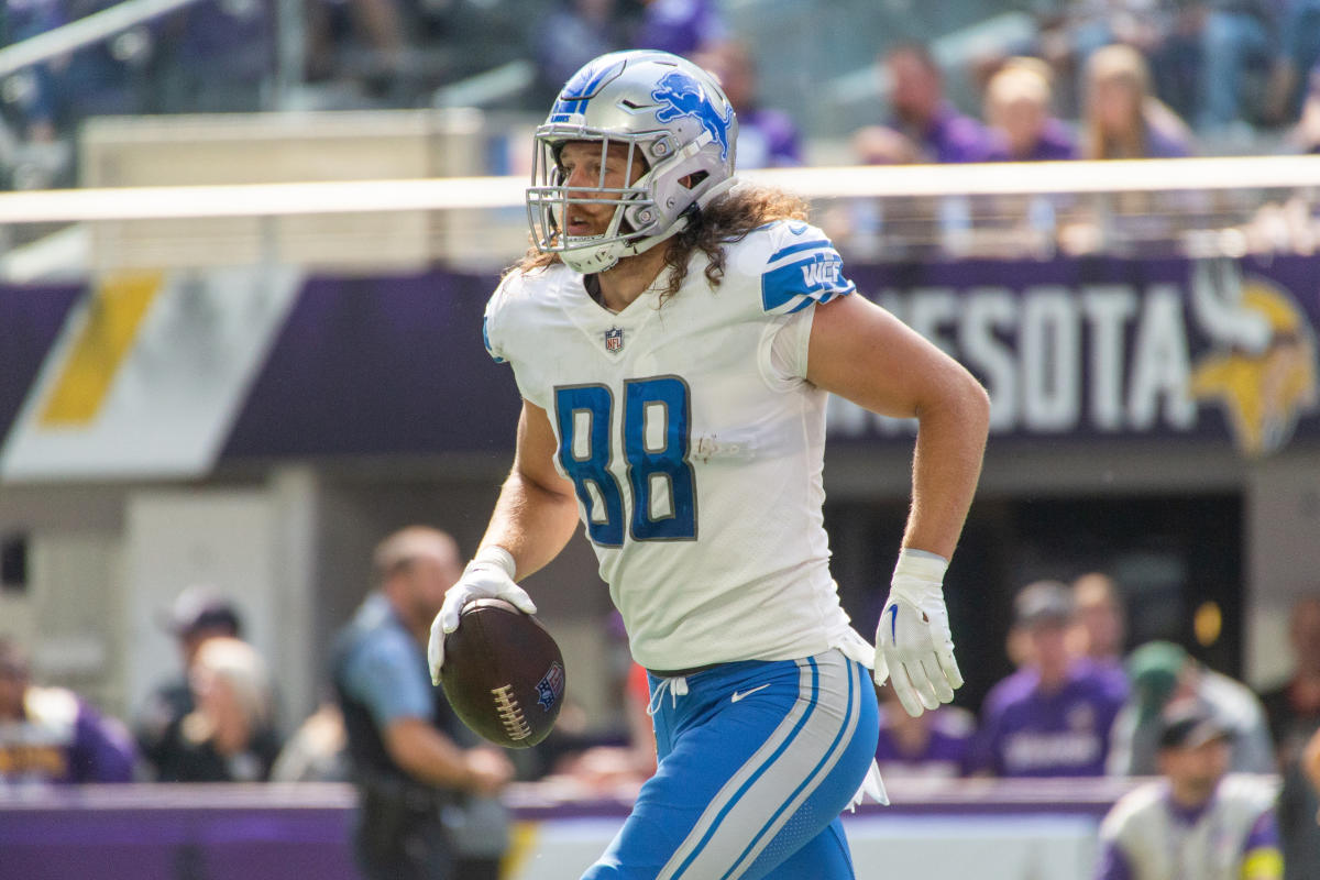 T.J. Hockenson of the Detroit Lions looks on before the game against  News Photo - Getty Images