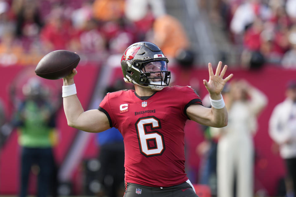 Tampa Bay Buccaneers quarterback Baker Mayfield (6) passes in the second half of an NFL football game against the New Orleans Saints in Tampa, Fla., Sunday, Dec. 31, 2023. (AP Photo/Chris O'Meara)