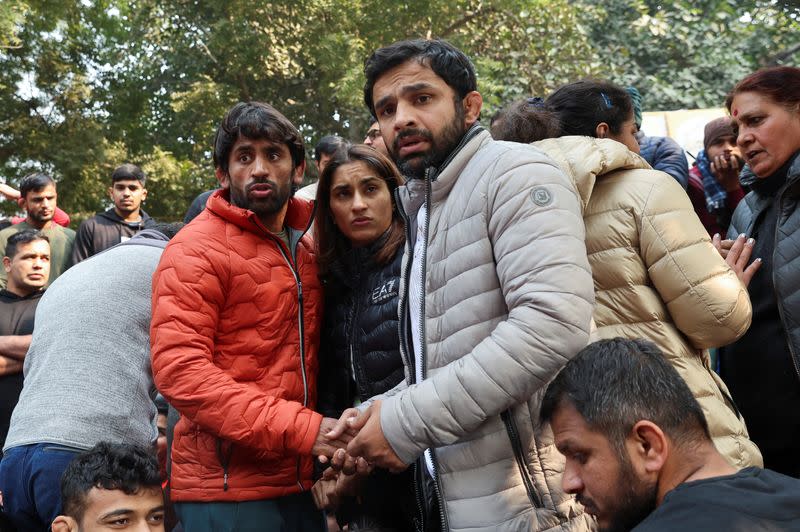 FILE PHOTO: Indian wrestlers take part in a protest demanding the disbandment of the WFI and the investigation of its head by the police, who they accuse of sexually harassing female players, at Jantar Mantar in New Delhi