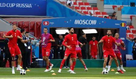 Soccer Football - World Cup - Group G - Belgium vs Tunisia - Spartak Stadium, Moscow, Russia - June 23, 2018 Tunisia players during the warm up before the match REUTERS/Grigory Dukor