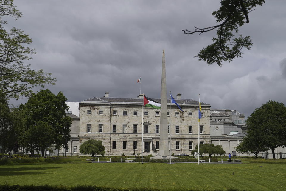 The Palestinian flag flies outside Leinster House, Dublin, following the decision by the Government to formally recognise the Palestinian state, Tuesday May 28, 2024. (Niall Carson/PA via AP)