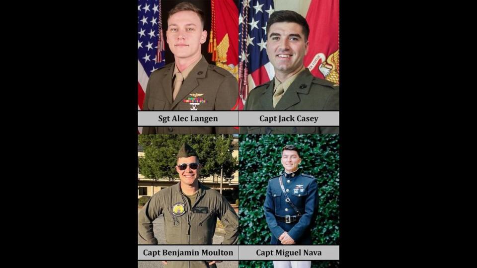 The four other Marines killed in the helicopter crash were identified as Sgt. Alec Langen, 23, a crew chief from Chandler, Arizona, Capt. Benjamin Moulton, 27, a pilot from Emmett, Idaho, Capt. Jack Casey, 26, a pilot from Dover, New Hampshire, and Capt. Miguel Nava, 28, a pilot from Traverse City, Michigan.