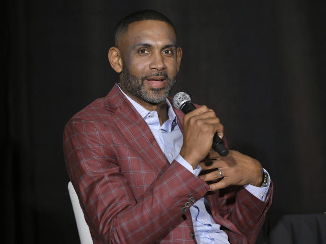 Grant Hill of the Detroit Pistons speaks with the media during the